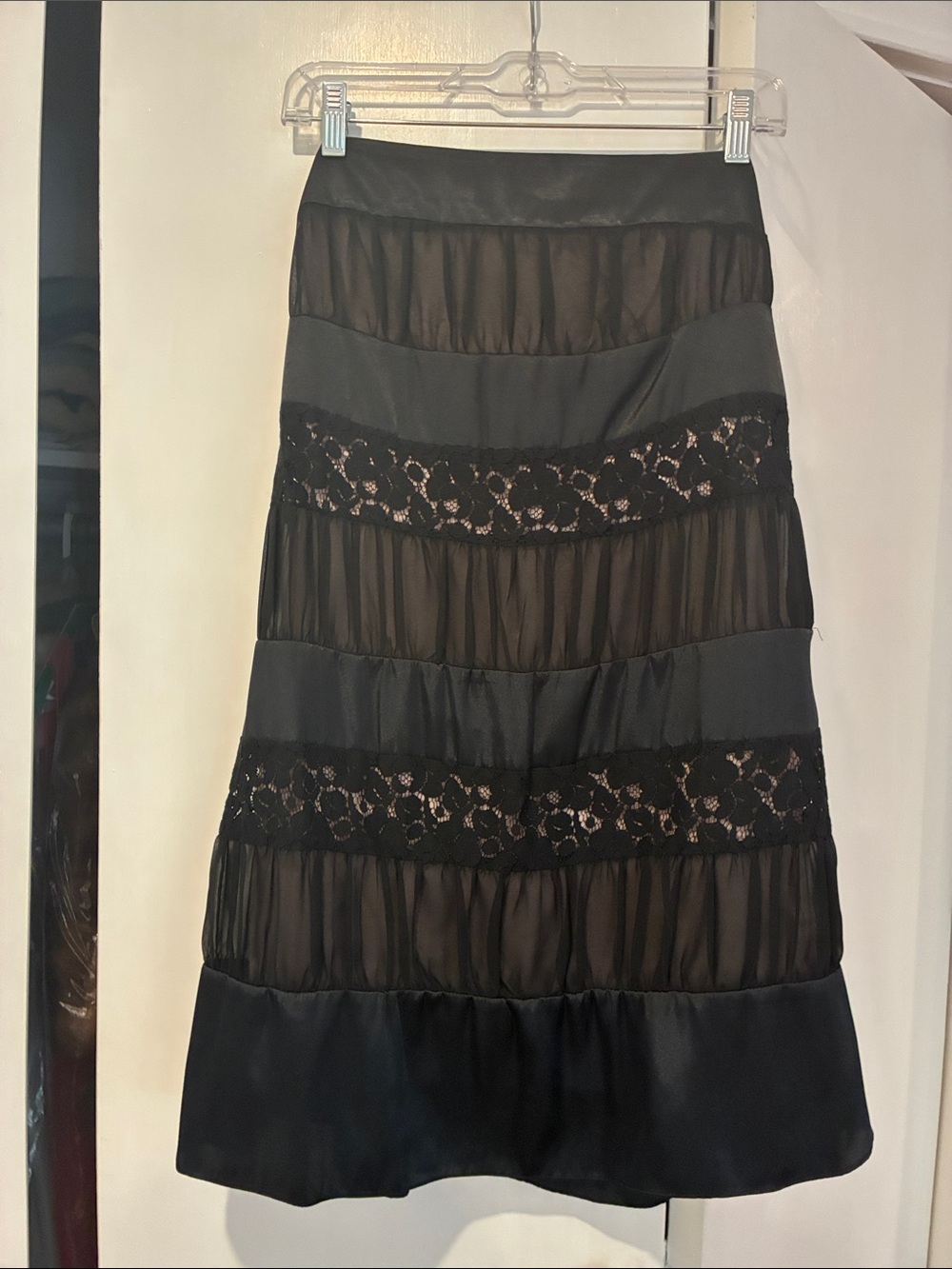Strapless Black and Pink Tiered Satin and Lace-Trim A-Line Dress
